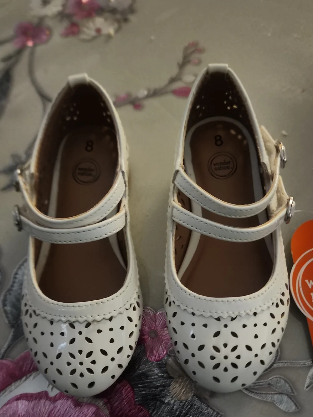 Girls White Perforated Mary Jane Dress Shoes with Double Strap Size 8